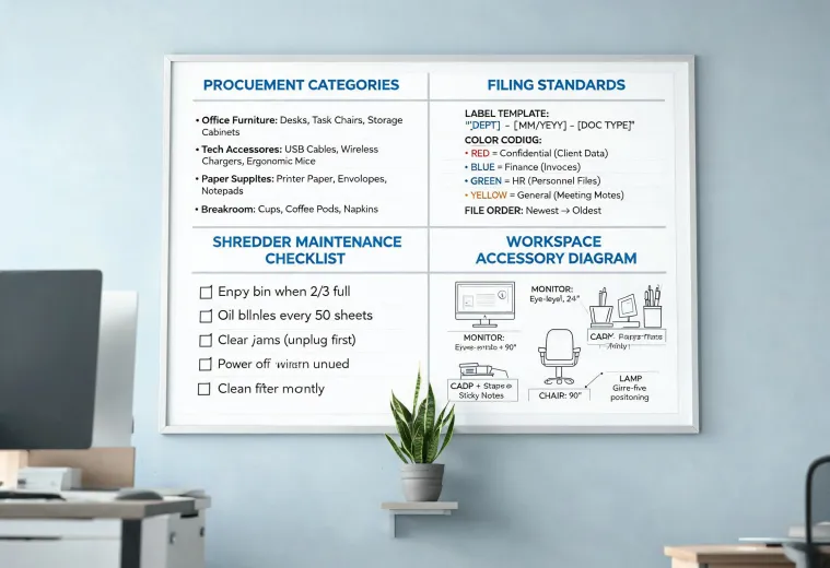 Office supply planning wall with category notes