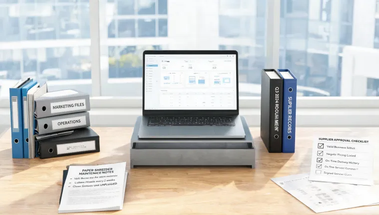 Organized office procurement desk with filing and document care supplies