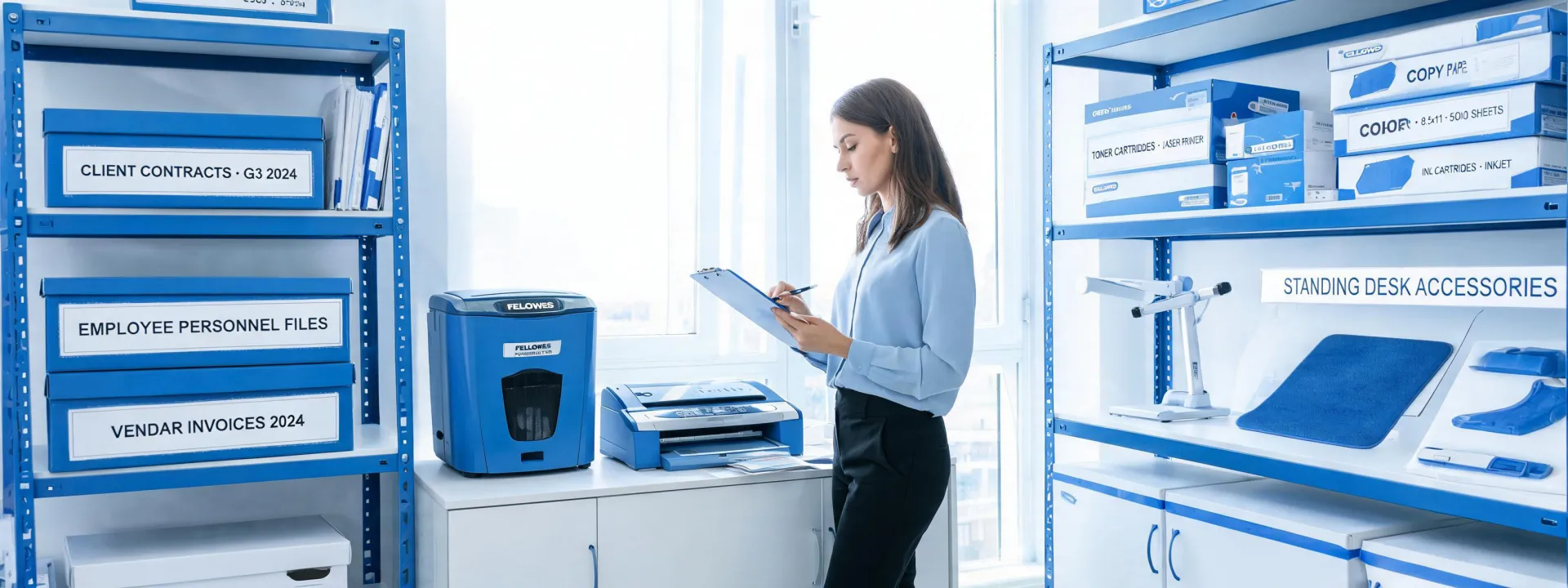 Fellowes office organisation program in a corporate supply room
