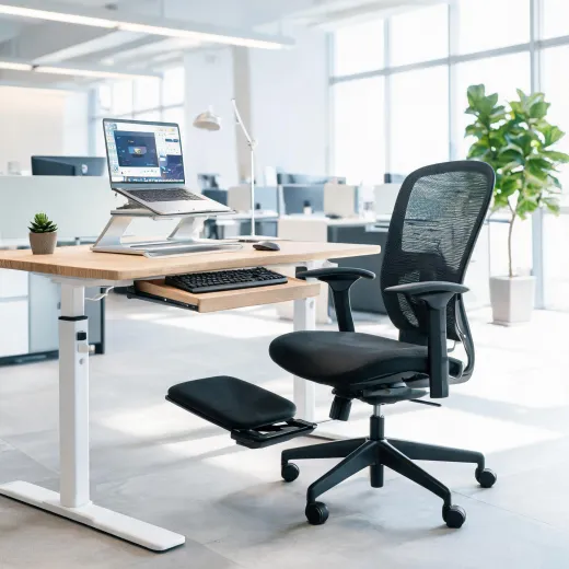 Ergonomic workstation with standing desk and laptop riser