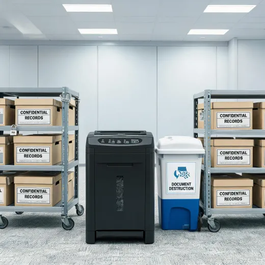 Cross cut paper shredder in office records area