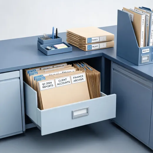 Filing cabinet with folders and desk organizers